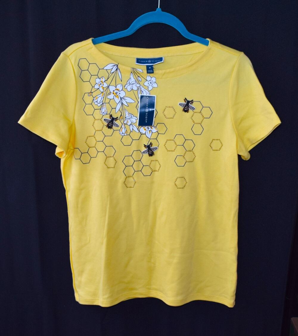 Karen Scott Women Bees & Floral Bead Short Sleeve Boat Neck T-Shirt Size M NWT